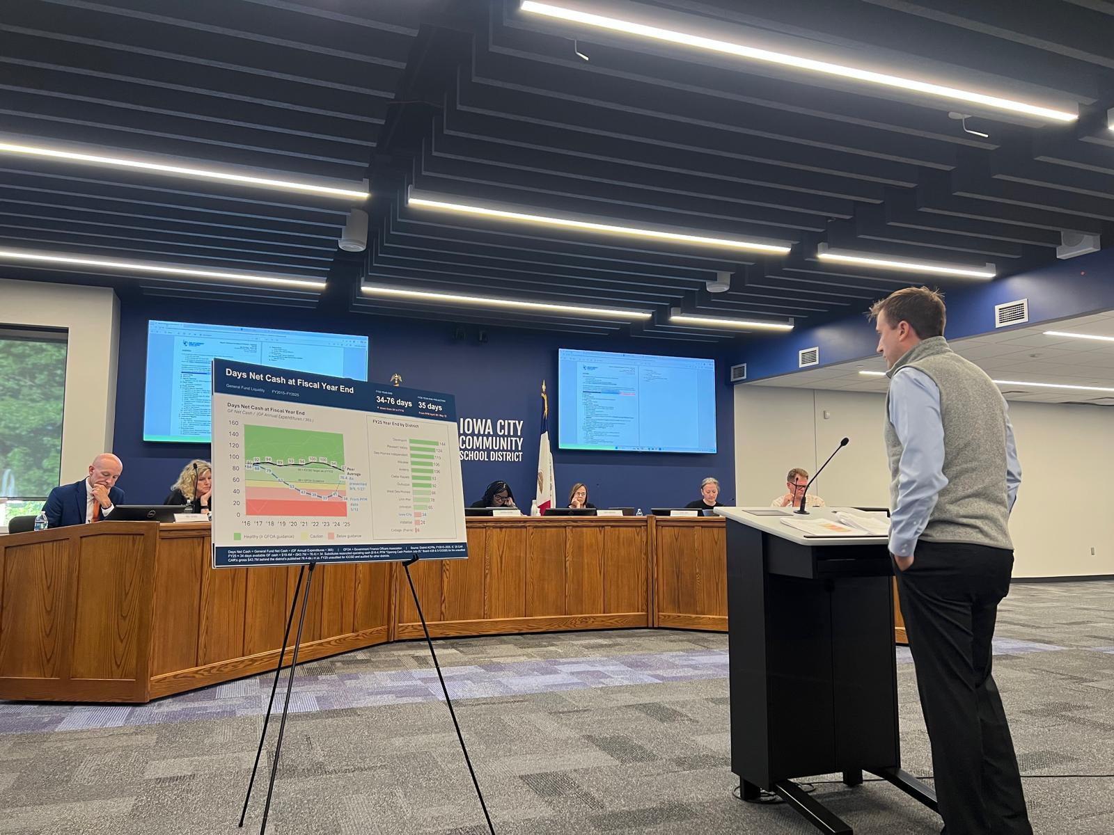 Michael Parrott presenting a financial analysis during public comment at an ICCSD Board of Directors meeting